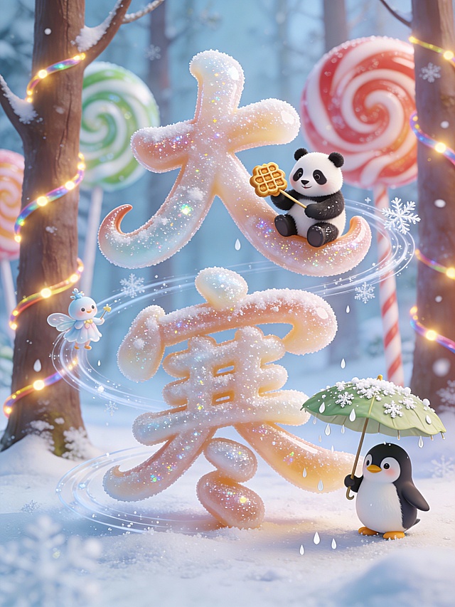 梦幻感十足的软3D风设计，大字“大寒”以玻璃质感呈现，搭配熊猫、企鹅等卡通角色，融入糖果森林与粒子光效，营造出超现实主义的冬日童话氛围。