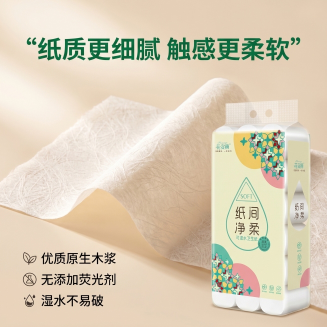 [主图 2] 核心卖点展示，突出卫生纸纸质细腻特性。
[氛围风格] 温馨舒适家居治愈风，保持与整套主图风格光影配色统一。
[画质] 商业摄影质感、光线柔和通透、产品清晰真实、画面干净高级。
[元素]预览效果