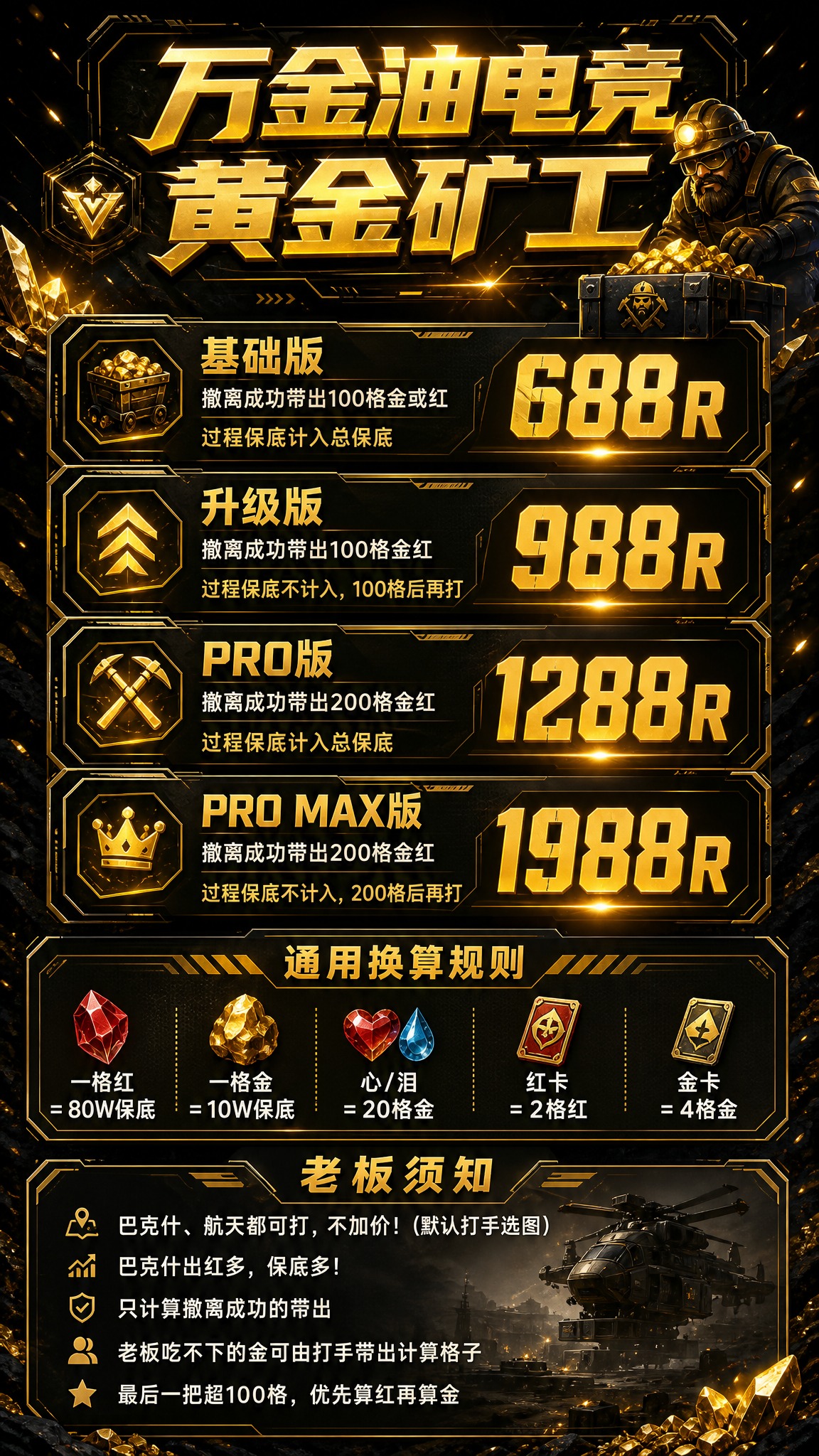 一张电竞游戏风格的黄金矿工套餐价目表海报，竖版9:16比例，黑… - 图片创意预览