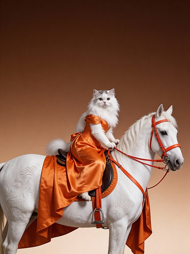 完整展示宠物和马脸，宠物穿着橙色丝质光泽礼服轻坐在白色骏马背上。马匹具真实毛发纹理（带着橙红色的马笼头、马鞍、马披风），氛围柔美优雅；构图以宠物与白马为视觉核心，风格精致唯美，棕色渐变背景。