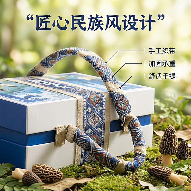 [主图 2] 羊肚菌手提礼盒核心亮点展示，突出产品设计优势。[氛围/风格] 田园自然风，真实材质质感，清晰明亮。[画面元素] 聚焦展示礼盒的民族风织带提手细节，提手自然弯曲，突出编织纹理和民族纹样，礼盒主体部分露出，保持原设计，新鲜羊肚菌作为搭配点缀，背景浅景深自然森林，突出细节质感。[配色色系] 主色调：民族蓝 + 米杏色，保留产品原有色彩体系，自然绿色背景衬托。[视角构图] 平视特写视角，细节放大突出，景深较浅。[文字版式] 顶部主标题 “匠心民族风设计” 深蓝色加粗，右侧使用引线标注三个卖点 “手工织带 | 加固承重 | 舒适手提”，文字纤细清晰，不遮挡主体细节。[比例分辨率] 1:1 比例，2k 分辨率。保留产品外观与原图完全一致。