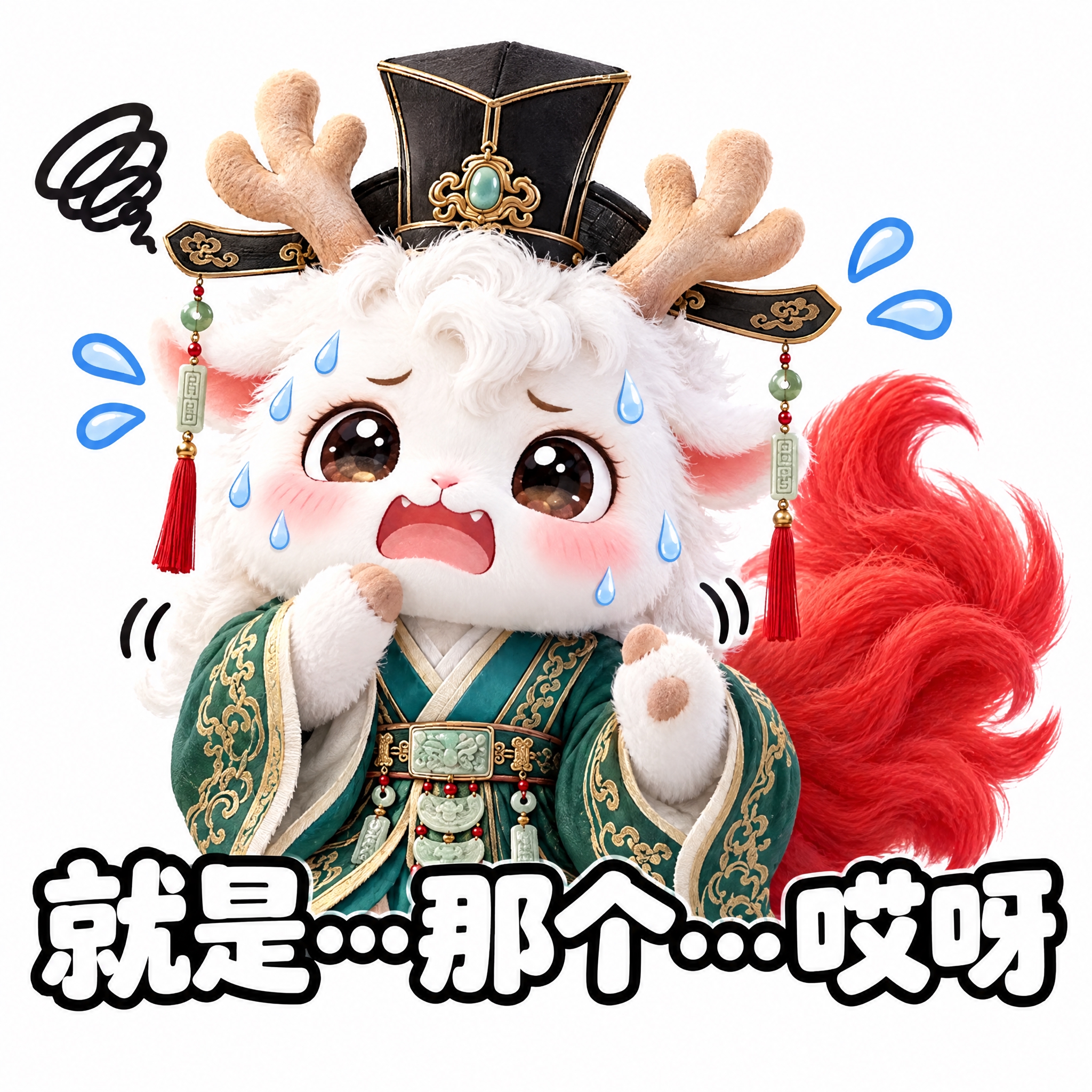 参考图中的白色鹿角神兽（穿绿色汉服、戴黑色官帽、红色尾巴），做… - 图片创意预览