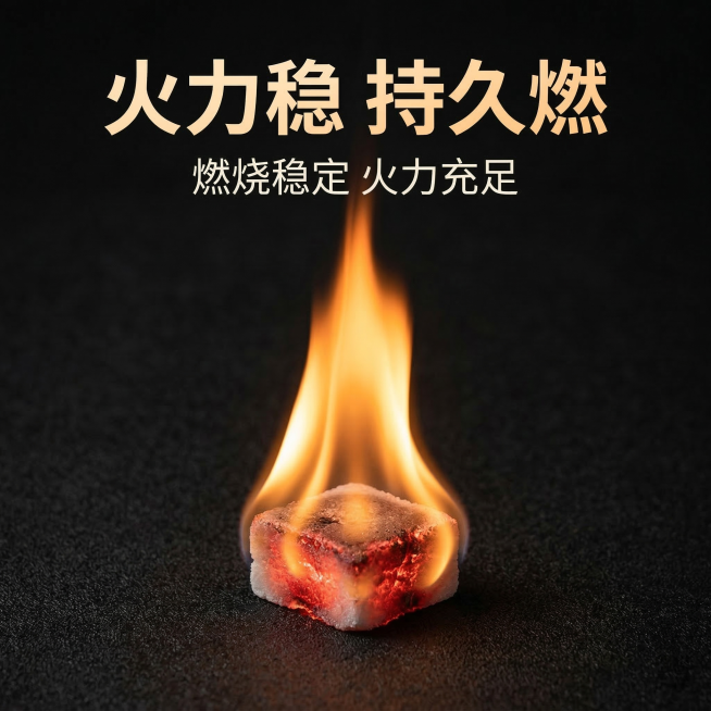 淘宝主图，固体燃料块，展示稳定燃烧的火焰，火苗均匀持久。主文案："火力稳 持久燃"，副文案："燃烧稳定 火力充足"，深色背景突出火焰效果，文字排版清晰，居中构图，1:1正方形，高清摄影，符合淘宝平台规预览效果