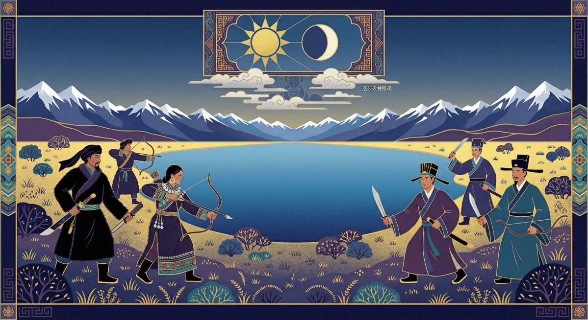 扁平风格绘本插画，遥远的北方糯海厄波湖畔故事场景：在遥远北方牡必密必地方，拉祜族先民与汉族人在糯海厄湖岸草原一起撵山狩猎，过着游牧生活，两族和睦共处。以“糯海厄”大湖为视觉中心，对称式水平构图，湖面如预览效果