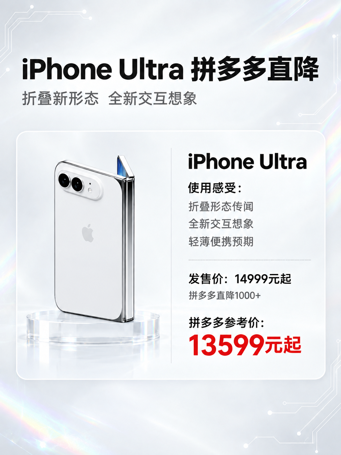 将海报左侧产品区的手机替换为第二张图中的白色折叠iPhone（… - 图片创意预览