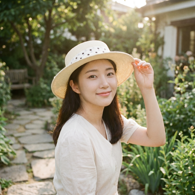 图中这款米白色草编波点蝴蝶结草帽由韩系温柔少女佩戴，少女五官干净自然，素颜淡妆，五官精致协调，面部自然，正常五官比例，全身比例正常，肢体自然，无畸形手脚，真实人像质感，五官写实，拒绝网红假脸，单手扶帽预览效果