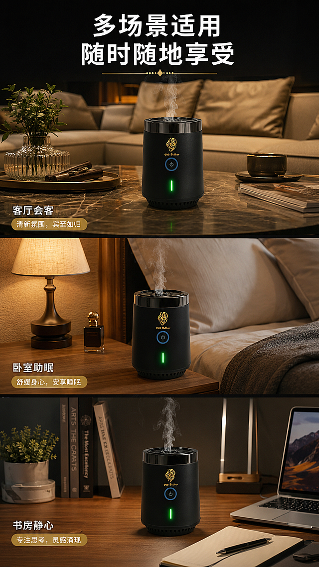 「图片1」，生成一套详情页，商品名称为电子香薰炉，适配淘宝/天猫平台，单图比例为9:16，需求屏数为8张。「图片1」
