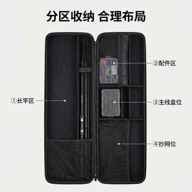 [主图 5] 黑色硬壳渔具竿包打开展示收纳功能主图；
[氛围风格] 功能展示清晰，整体风格和前四张保持一致；
[画质] 商业摄影质感、光线均匀通透、产品清晰真实、画面干净高级；
[元素] 黑色硬壳渔具预览效果