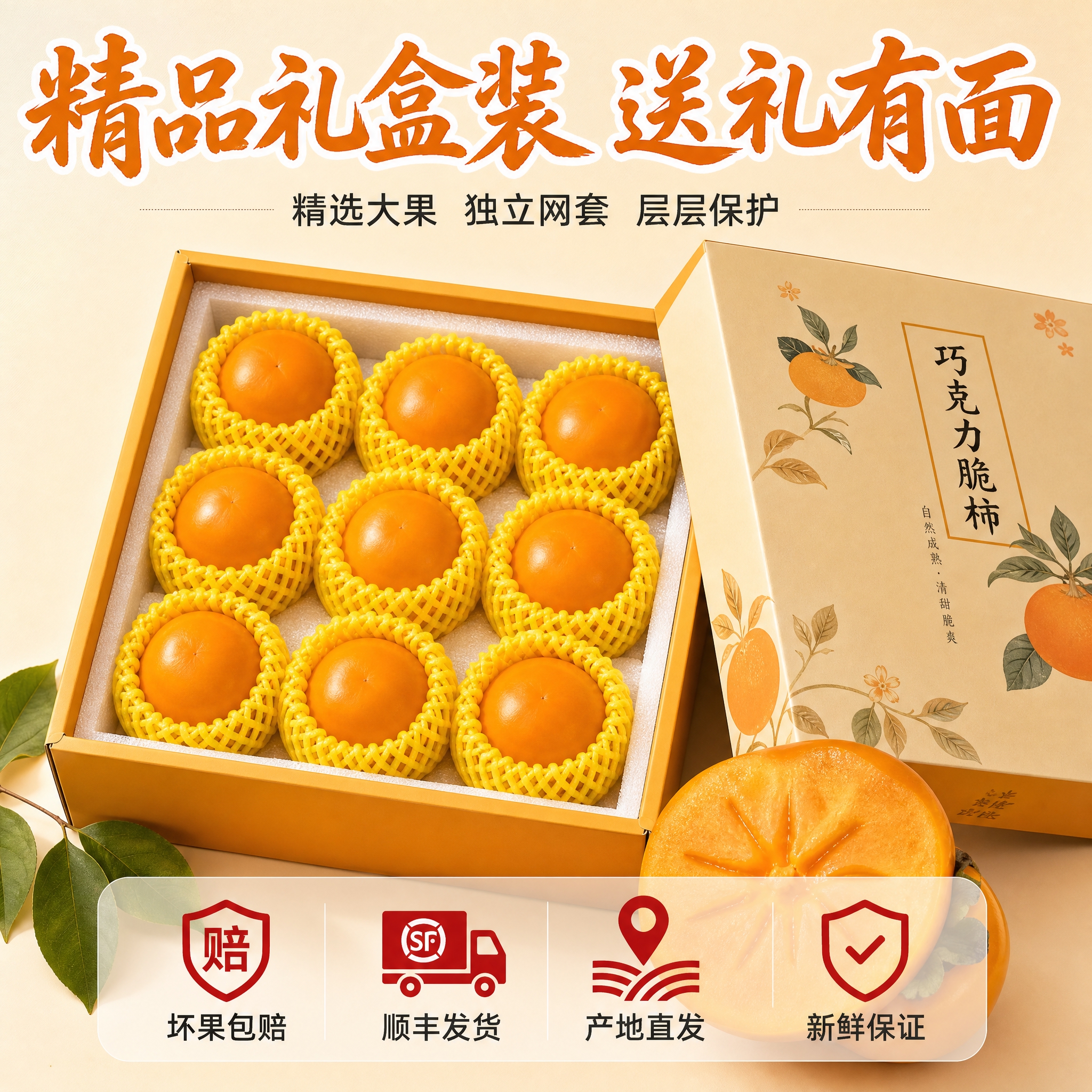 [主图-5] 精品包装与服务承诺 巧克力脆柿礼盒装转化主题。… - 图片创意预览