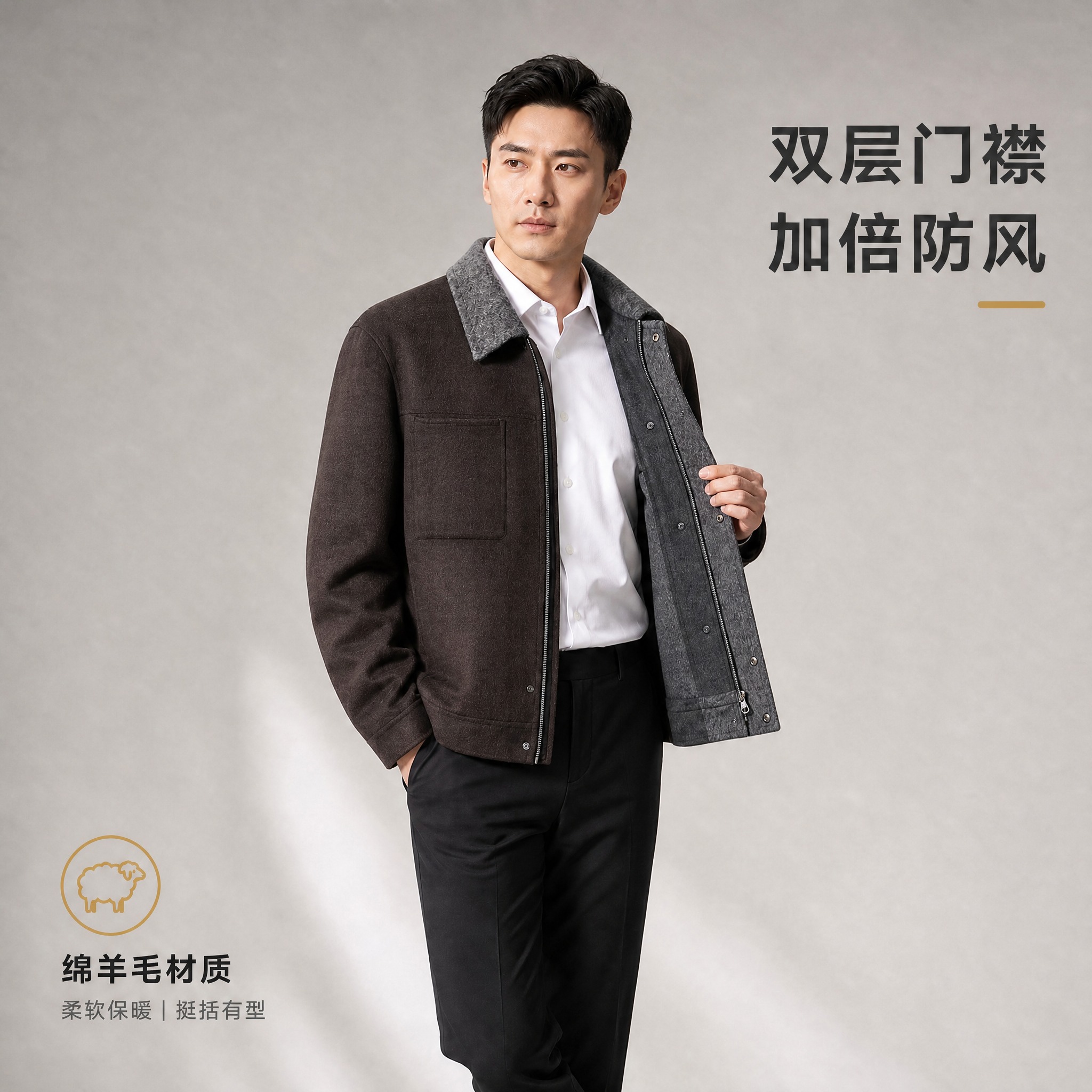 将模特身上的黑色撞灰领夹克替换为咖啡色撞灰领款式，夹克主体颜色… - 图片创意预览