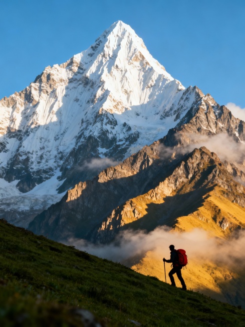 写实风格摄影，巍峨的雪山主峰直插云霄，山顶覆盖皑皑白雪，山体岩石纹理清晰，山间云雾缭绕，阳光从侧上方照射，在山峰和草地投下明暗交错的光影，前景中一名背着红色背包的徒步者手持登山杖，正沿着绿草覆盖的山脊向上攀登，身影在晨光中略显剪影效果，整体画面呈现出壮丽、宁静而充满力量的自然氛围，色彩以蓝白、青绿和暖黄为主，构图采用三分法，突出雪山的雄伟与徒步者的坚毅。预览效果
