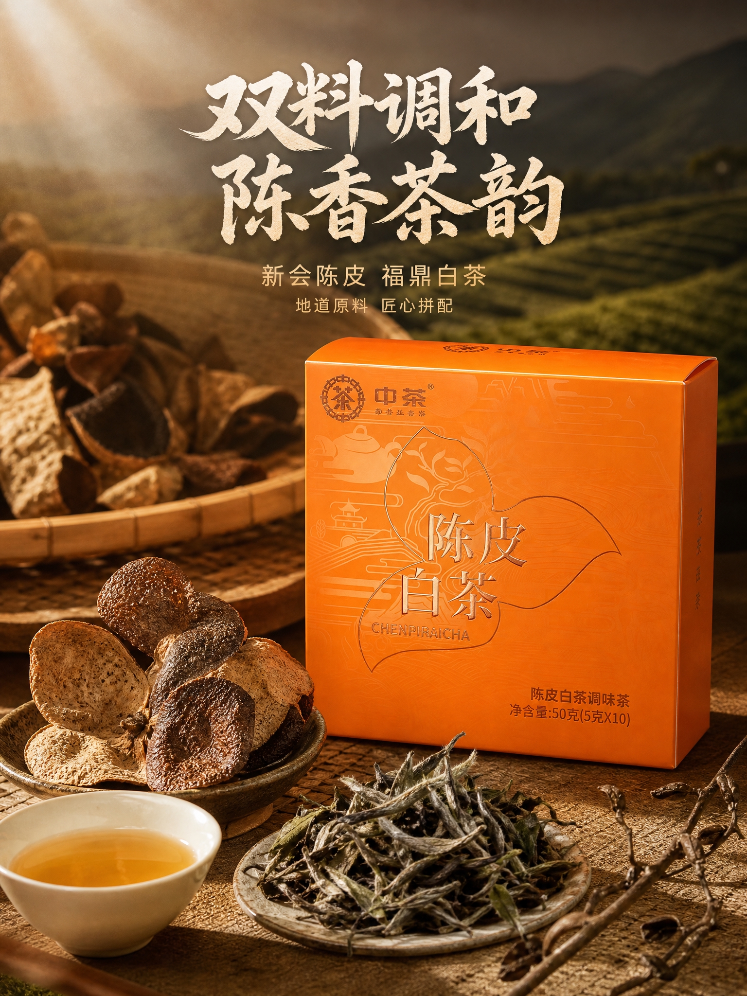 [主图-2 原料溯源 竖版] 中茶陈皮白茶产品盒+核心原料展示… - 图片创意预览