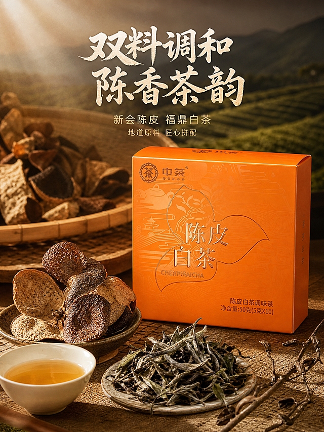 [主图-2 原料溯源 竖版] 中茶陈皮白茶产品盒+核心原料展示，沉浸式产地氛围竖版构图。
[统一基调] 沉浸式氛围感 新中式禅意茶席 暖橙琥珀金深棕米白配色 自然侧逆光丁达尔效应 茶烟袅袅 粗宋书法体主标题 细黑体辅助文案 商业摄影级质感。
[画面] 产品盒位于画面中部偏右，保持橙色方盒外观与文字完全一致。下方与左侧环绕摆放核心原料：几块纹理清晰的新会陈皮干（表面有油室光泽）、一小撮舒展的白茶叶底、一小碟金黄透亮的茶汤、一枝干枯茶枝作装饰。背景上方是虚化的老陈皮晾晒竹匾与远山茶园，温暖阳光从左上洒落。产品占画面约35%，原料与产品自然呼应，竖版构图上下层次丰富。
[光影质感] 左上侧自然暖光，产品与原料下方有真实接触阴影，陈皮表面油室反光清晰，茶叶有绒毫质感，整体通透温暖。
[配色] 背景暖棕+茶山青绿虚化，产品橙色突出，原料陈皮深褐、茶叶墨绿、茶汤金黄层次丰富。
[文字版式] 画面顶部主标题"双料调和 陈香茶韵"粗宋书法体，米白色；其下分两行小字"新会陈皮 福鼎白茶"细黑体，浅金色；再下方"地道原料 匠心拼配"更小字号。文字居中靠上排列，不遮挡产品。
[输出要求] 750x1000竖版3:4 文字清晰可读 产品清晰不变形 无错字 无水印 无平台Logo 无多余杂物。
