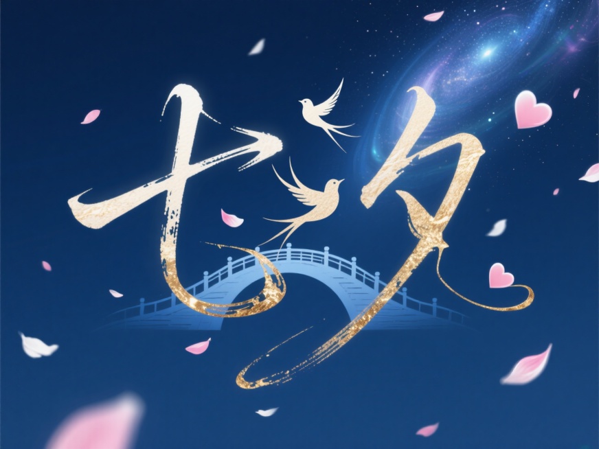 字体采用行书变体，标题“七夕”以深空蓝为底，字形如鹊桥拱起，笔锋缀以鎏金墨迹流动效果，笔画间嵌入镂空喜鹊剪影，字效边缘洒落粉白花瓣粒子，背景叠加银河光晕与飘浮的立体爱心，整体呈现传统书法与现代光影的浪预览效果
