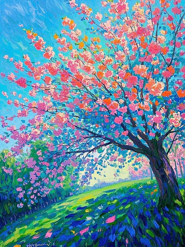 油画风印象画派，梦幻清新，色彩斑斓的花树在春风中绽放。