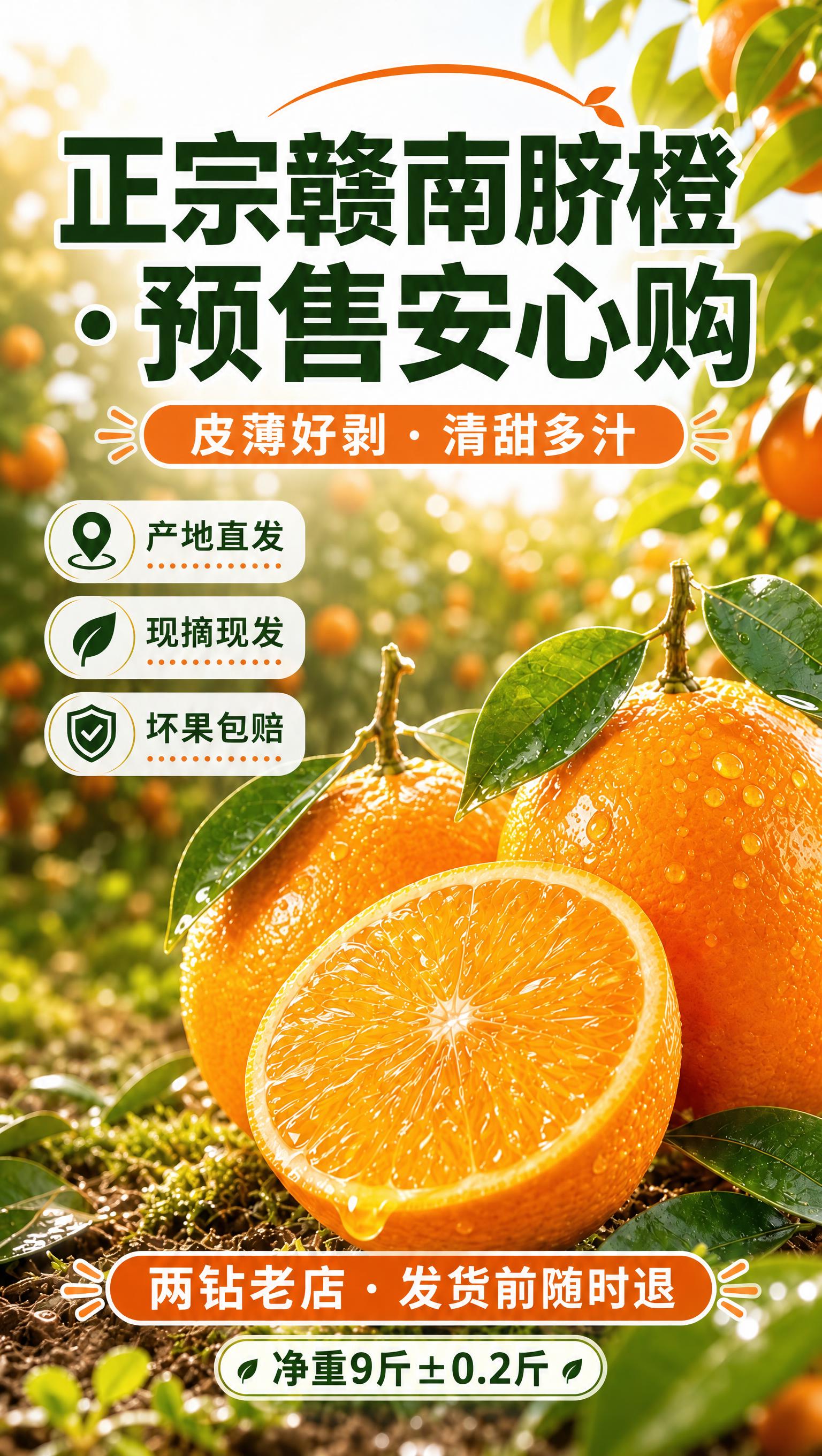 基于这张赣南脐橙海报图片进行修改：1. 将橙色横幅中的文字"孕… - 图片创意预览