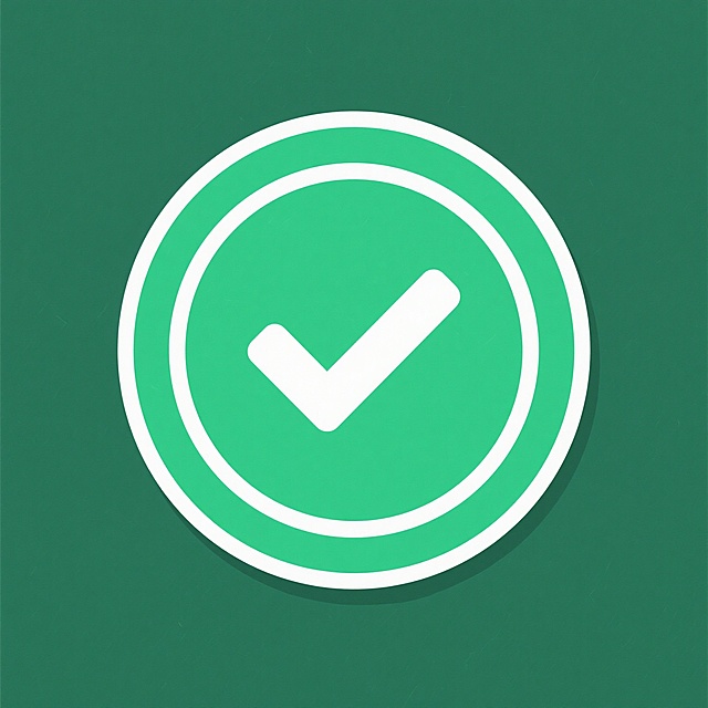 一个绿色圆形徽章图标，内部有一个白色对勾符号，圆形外有一圈白色细边框，整体采用扁平化设计风格，边缘光滑无渐变，纯色背景，简洁明了的视觉效果，符合现代图标设计的简约美学，对勾位于圆形正中央，大小比例协调，色彩对比鲜明，突出确认和完成的视觉语义。