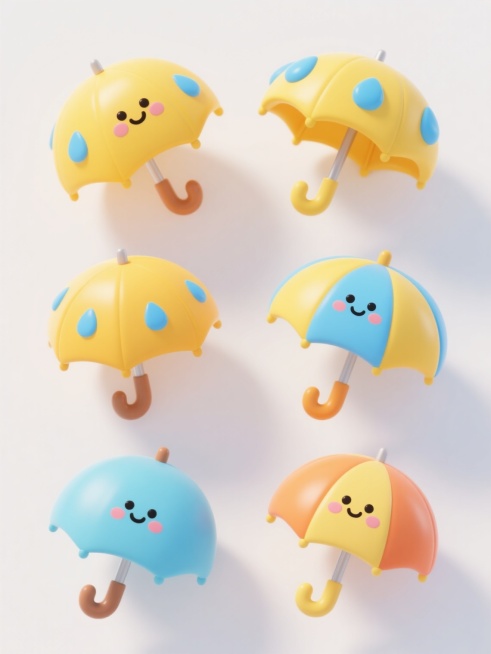 六个3D可爱风格的雨伞，每个雨伞都有独特的配色和样式，黄色雨伞有卡通笑脸表情和蓝色雨滴装饰，其他雨伞设计风格统一可爱，整体采用圆润的造型和光滑的材质，色彩鲜艳明快，光线柔和有轻微高光，阴影细腻自然，所有雨伞在纯白色背景上整齐排列，呈现出清晰的视觉层级和高效的信息传达，充满童趣和设计感。预览效果