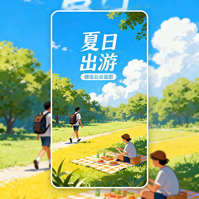 夏日出游主题公众号首图，1:1比例，画面展现阳光明媚的户外场景：蓝天白云、绿树成荫、人物背着背包轻松行走或野餐，氛围轻松愉悦；风格清新明亮，色彩以蓝、绿、黄为主，构图简洁有层次，适合作为微信公众号封面图使用