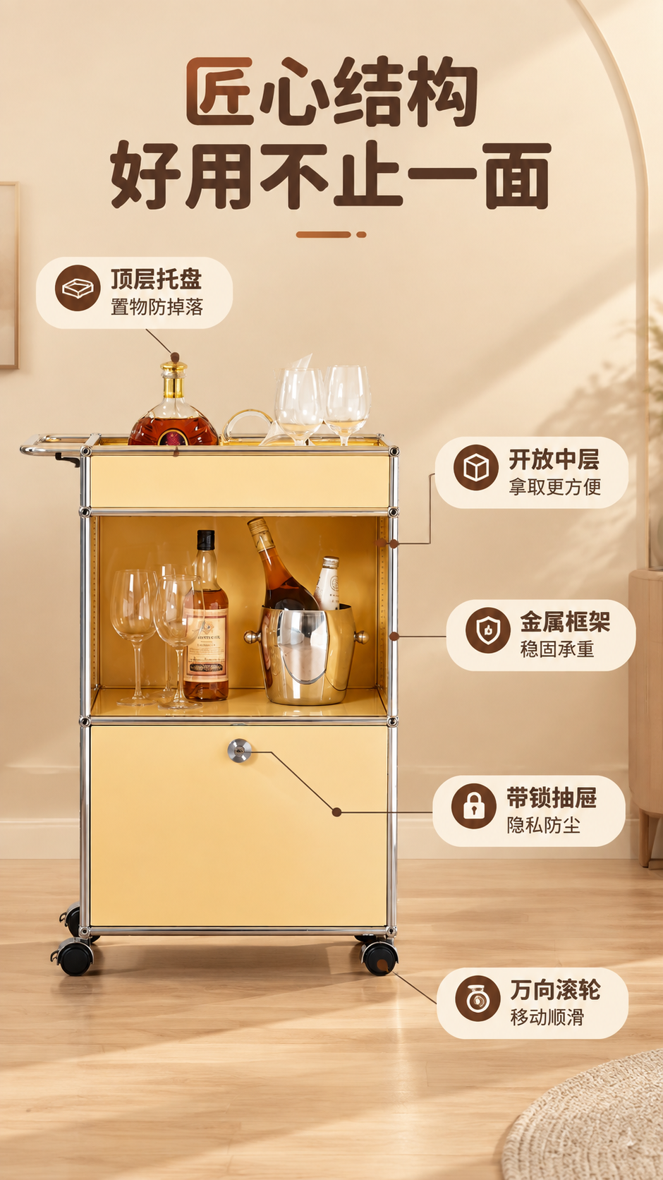 [商品] 使用【图1】奶油黄色移动收纳餐边推车；保留三层结构（… - 图片创意预览