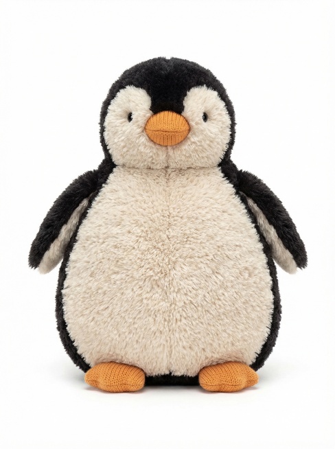 梨型圆润可爱的小企鹅毛绒玩具，写实毛绒玩具渲染，纯白色背景，正视图预览效果