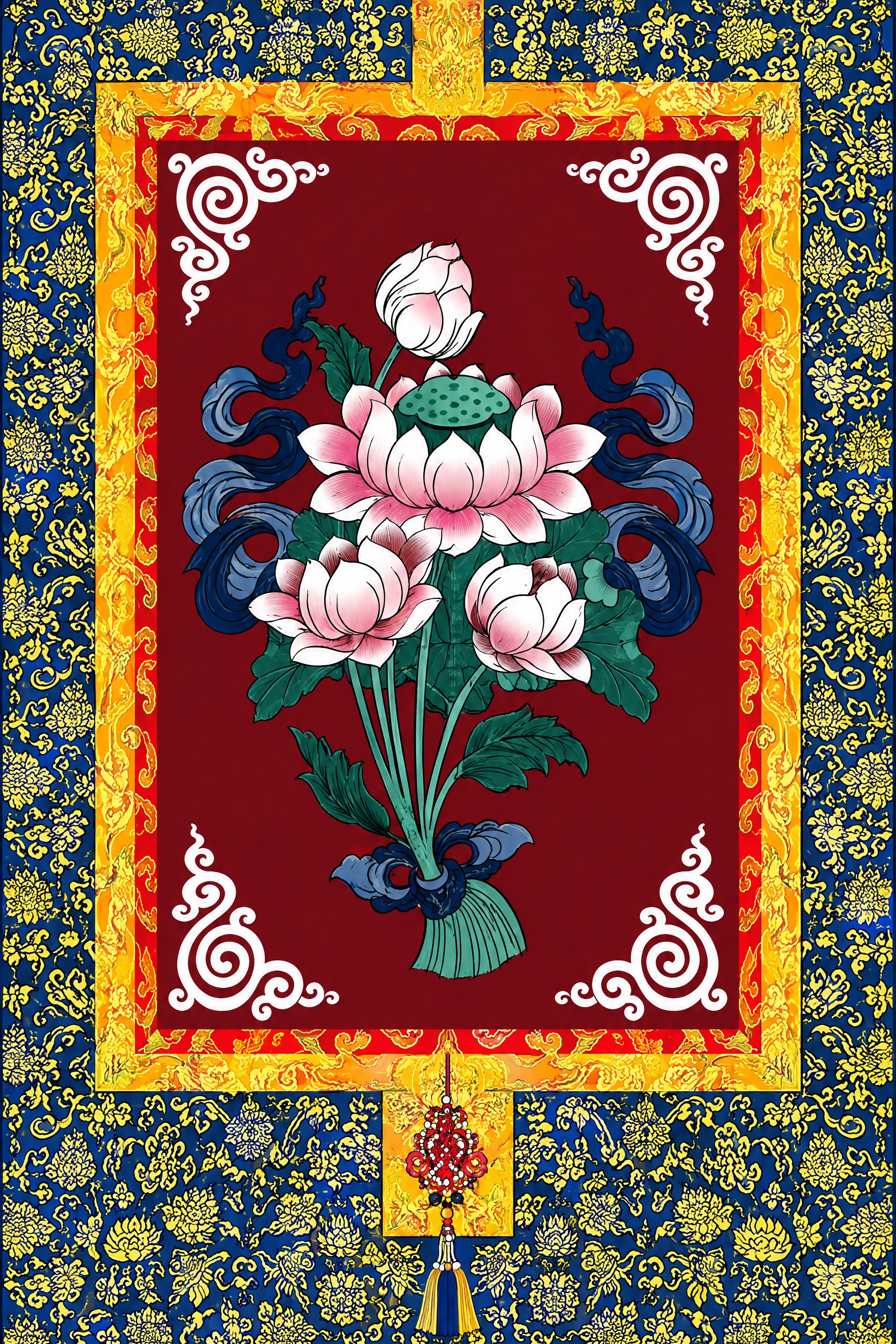 提取参考图中的藏式莲花门帘图案，完整保留原图所有花纹、配色、莲… - 图片创意预览