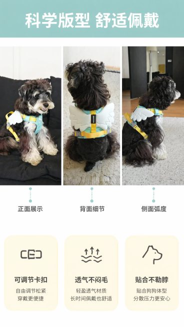 [第3屏] 版型解析-多角度展示胸背带结构设计优势。本屏使用【图1】正面+【图2】背面+【图3】侧面，组合展示结构。[标题版式] 顶部通栏浅蓝底标题，白色粗体字，左右居中排版。[氛围/风格] 清晰解析预览效果