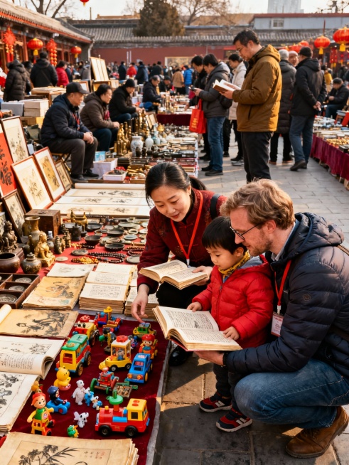 一个中国母亲 一个外国父亲和一个小孩春节在北京旅游画面，10张景点游玩，几张有导游的图预览效果