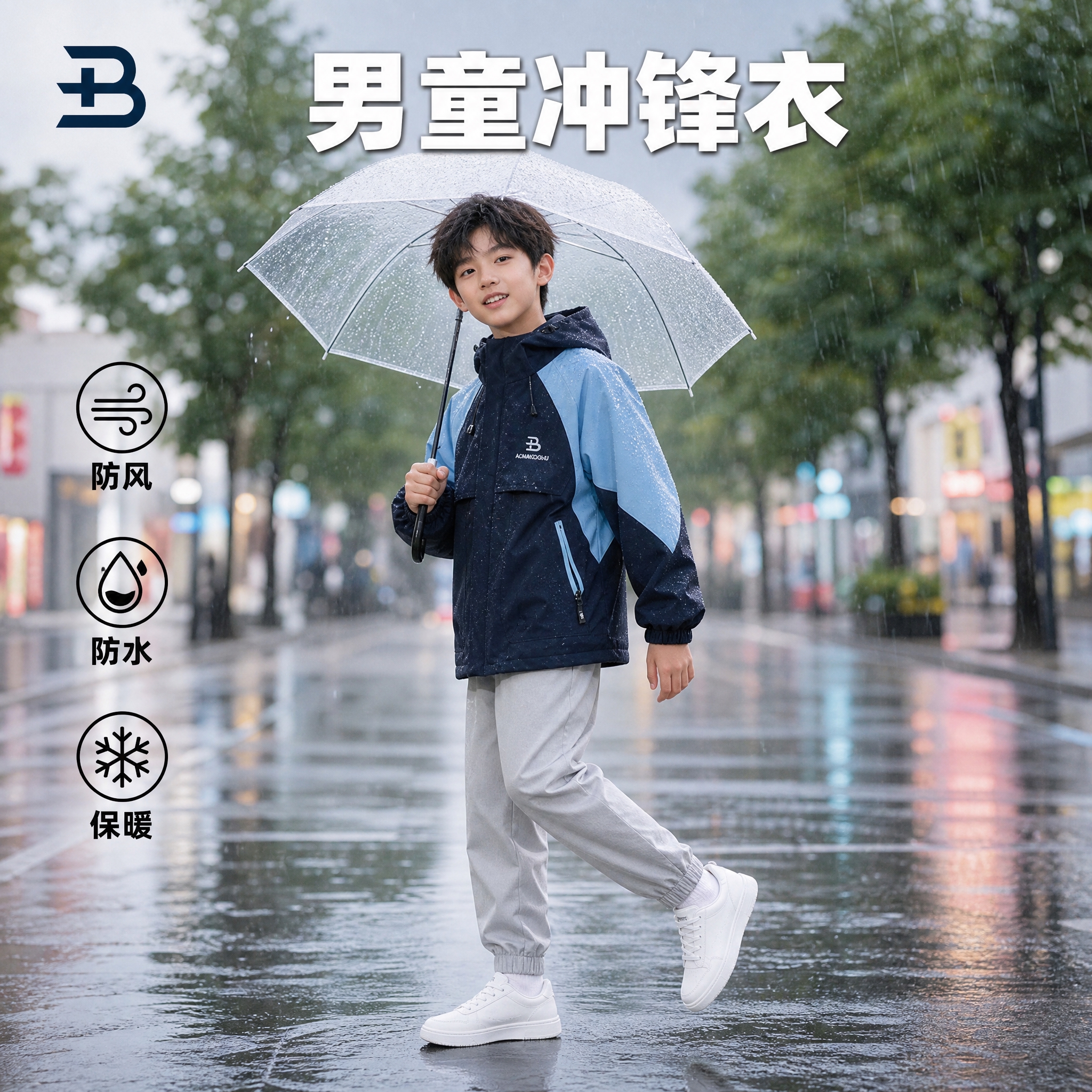 拼多多电商主图，男童冲锋衣，1:1比例。画面主体为一位亚洲男童… - 图片创意预览