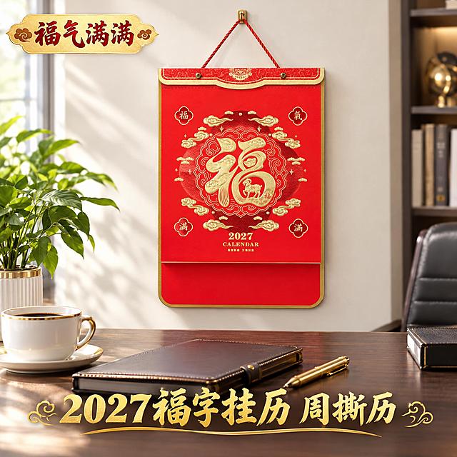 福气满满2027年挂历淘宝主图第2张，主题：福字款正面展示。高级现代办公场景，挂历悬挂在米白色墙面上，下方是深色木质办公桌，桌面有皮质笔记本、金色钢笔、咖啡杯、绿植，柔和自然光从左侧洒入，背景轻微虚化突出产品。挂历为福气满满款（参考图3款式）：大红色主体，金色花纹包头，中央巨大烫金福字，福字内有小羊图案，四周祥云装饰，四角有福氣滿滿四字，底部2027 CALENDAR字样，红色挂绳。画面左上角金色标签写福气满满，底部金色主标题2027福字挂历 周撕历。产品比例正确不变形，细节清晰，商业产品摄影质感，1:1正方形。