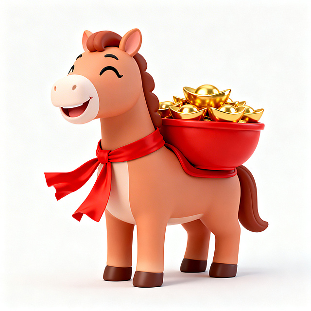 软3D风格的卡通小马，拟人化设计，身披红绸，驮着金元宝，充满喜庆感与塑料质感，寓意新春财运亨通。