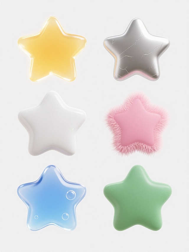一组6个造型统一的卡通星星图标，每个星星采用完全不同的材质，分别是：1. 半透明果冻质感黄色星星带发光边缘，2. 磨砂金属质感银色星星带细微划痕，3. 光滑陶瓷质感白色星星带高光反射，4. 柔软绒毛质感粉色星星带蓬松边缘，5. 透明玻璃质感蓝色星星带内部气泡，6. 哑光塑料质感绿色星星带细腻纹理，所有星星在纯白色纯色背景上以2行3列的规整网格布局排列，保持一致的圆润五角星造型，整体风格统一为简约现代的图标设计风格。