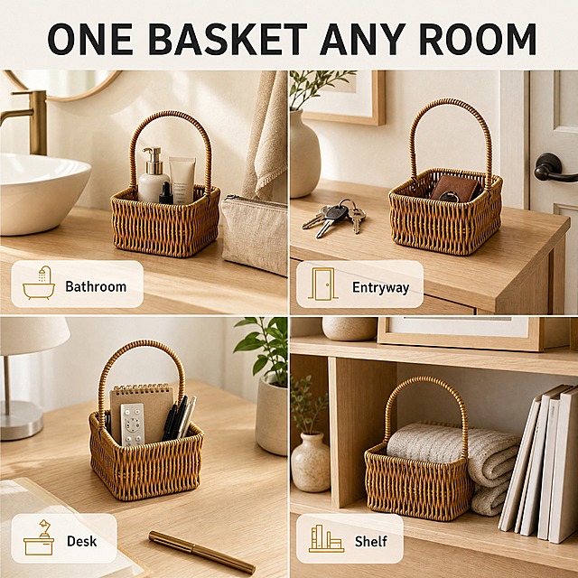[主图-4] PP Rattan Woven Square Storage Basket with Handle 多场景适配图，唯一任务是说明一只篮子适合家居多处空间。
[统一基调] 整体为干净温暖的自然家居风亚马逊信息图；背景主色暖象牙白 #F7F4EF 搭配浅橡木色台面；标题字色深炭黑 #262626；辅助字色暖灰 #6B6459；强调色暖蜂蜜金 #C98A3E；全套只用一种几何无衬线字体外观，标题最粗最大，辅助文案字号缩小一半以上；组件只用蜂蜜金细线图标、圆角半透明浅底标注框与轻微柔和阴影，不使用厚重色块、大面积通栏和装饰边框。
[画面] 满版拼贴四格，用光线与空间自然分隔、不加粗重边框；四格分别是浴室台面放着护肤品瓶与亚麻化妆袋、玄关台面放着钥匙串与皮质卡包、书桌一角放着笔记本与几支笔和遥控器、客厅开放搁架格内放着折好的薄毯与杂志；每格中产品都是同一款方形编织篮与弧形提手，物品与篮子真实接触、摆放稳定，格内留出整洁留白，四格不重复同一视角与同一构图。
[光影质感] 每格都是真实家居自然光，方向柔和一致，产品自然融入空间并与台面形成接触影。
[配色] 四格共用当前组统一视觉的暖象牙白与浅木色，不出现冷色工业空间。
[文字版式] 顶部主标题横排 "ONE BASKET ANY ROOM"；每格左下角一枚小标签，依次写 "Bathroom" "Entryway" "Desk" "Shelf"，字号小于主标题一半；文字放不下就换行或缩短，不拉伸压扁。
[输出要求] 1:1；四格产品清晰一致、文字清晰；无边框不杂乱。
[负向] 变形、错字、文字遮挡产品、中文、水印、平台 Logo、食物、篮内出现食物、杂乱堆砌小道具、过度饱和、重复构图、粗重边框。