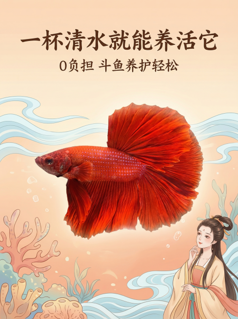 [主图 1] 泰国半月斗鱼产品首图
[氛围风格] 中国古风卡通风格，浅珊瑚橙海洋元素背景，温馨治愈氛围，真实质感。
[画面元素] 商业摄影质感，光线柔和通透，产品清晰真实，画面干净高级。红色半月斗鱼居预览效果