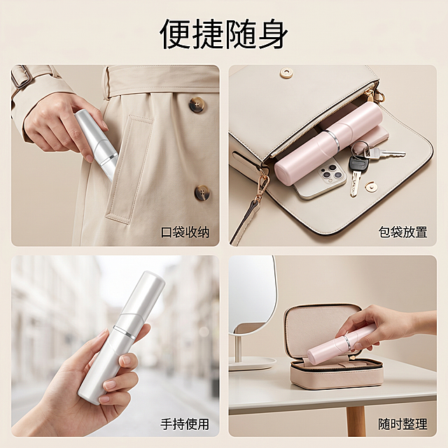 [主图 4] 便携直发梳多场景适用展示，简约风格，干净浅纯色背景，宫格展示口袋放置和手持出门两个场景，体现便捷携带卖点，商业摄影质感，光线柔和通透，产品清晰真实，画面干净高级。每个场景中保持便携直发梳产品外观（物理结构、材质质感、颜色）与输入产品图绝对一致，杜绝任何变形和色差，精细化处理。整体画面满屏无边框。[光影] 整体光照均匀明亮，每个小场景光影保持统一。[配色] 浅米素色背景，整体统一低饱和。[文字版式] 顶部大标题“便捷随身”，每个场景右下角小字标注场景名称，整体排版简约清晰，文字不遮挡产品。[比例分辨率] 1:1比例，2k分辨率，文字清晰可辨，超高清。[负向提示词] 变形，水印，文字错乱，产品图模糊，背景杂乱，牛皮癣，配色刺眼，遮挡主体，违规内容