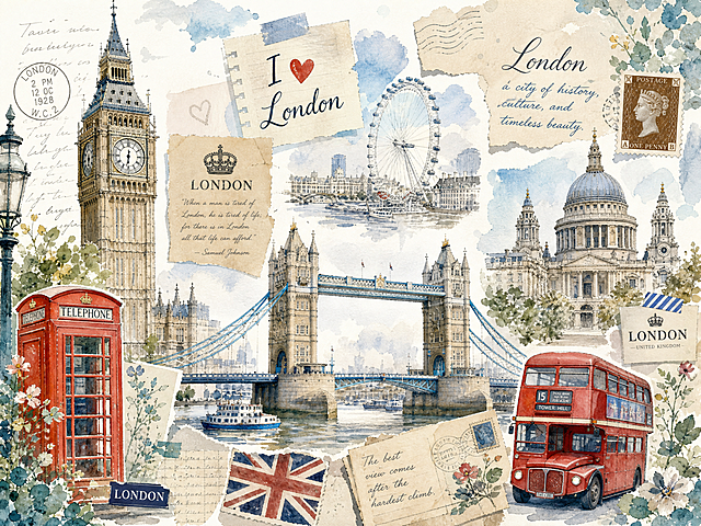 英国建筑手绘粘贴画，水彩画风格偏清新，画面展现英国经典建筑如大本钟、伦敦塔桥、红色电话亭等元素，采用手绘拼贴的艺术表现形式，水彩晕染质感，色调清新柔和，以淡蓝、米白、浅灰、暖棕为主，笔触轻盈通透，整体氛围文艺复古又清新治愈，细节丰富，构图饱满，艺术感强