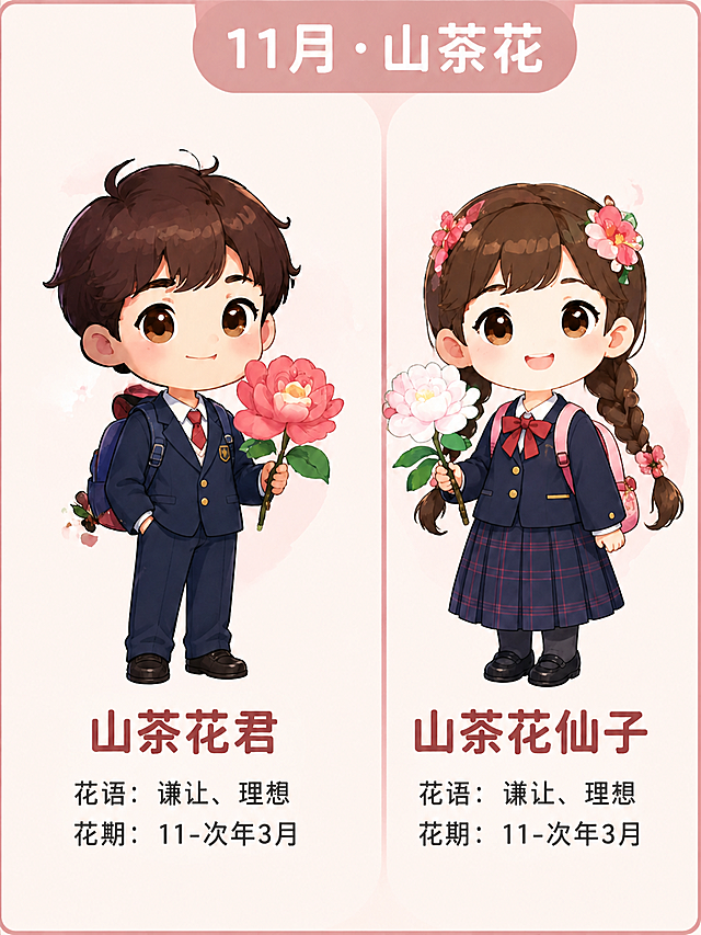 保持原图整体布局和内容不变，只修改右侧山茶花仙子女孩的发型，将她的长发改成双麻花辫，保留头发上的山茶花发饰，其他文案、人物服饰、花朵和左侧男孩都保持原样