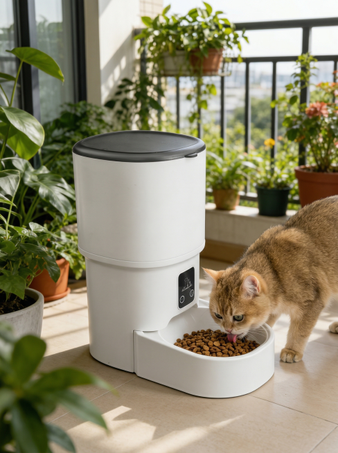 把图一中的小狗换成图二中的小猫，保持喂食器和阳台场景不变，猫咪保持和小狗相同的姿态，图片的尺寸比例改为3:4，图片像素为900*1200预览效果