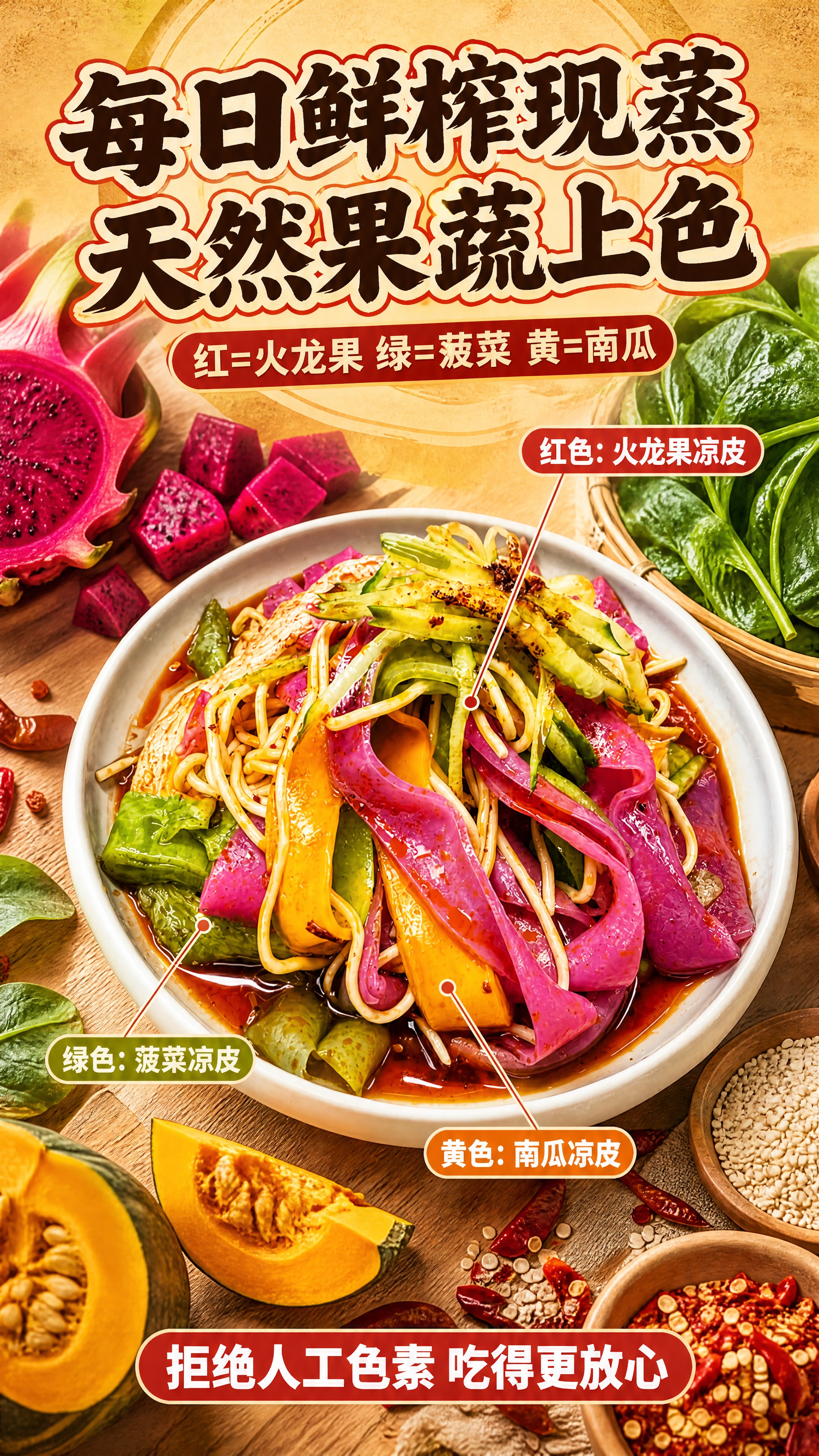 [商品] 使用【图1】三色果蔬凉皮凉面作为成分/原料展示主体；… - 图片创意预览