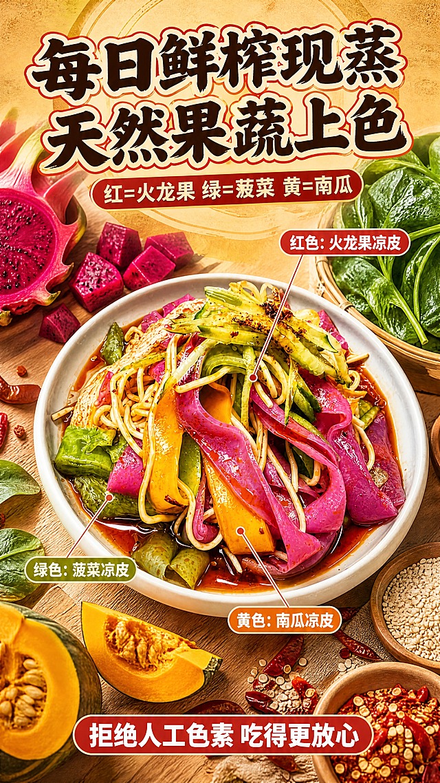 [商品] 使用【图1】三色果蔬凉皮凉面作为成分/原料展示主体；保留火龙果凉皮（玫红）、菠菜凉皮（绿）、南瓜凉皮（黄）的真实颜色、质地与宽皮形态，细凉面、黄瓜丝、红油原样保留；商品处理：三色凉皮颜色饱满分明，表面油亮有光泽，提升新鲜质感。
[画面] 页面目标：成分/果蔬原料专张，突出'三色来自天然果蔬、每日鲜榨现蒸'；构图骨架：中心成品碗+周围果蔬原料环绕，顶部大标题，中间三色凉皮碗占画面50%，碗周围摆放火龙果块、菠菜叶、南瓜块、芝麻、辣椒等原料；主体占画面70%；景别：俯拍中景；阅读动线：从上到下、由中心向四周；前中后景：前景散落芝麻辣椒、中景成品碗+果蔬原料、后景暖黄浅木纹桌面。
[视觉] 套系策略：风格=国潮市井风+老字号烟火气，暖黄色调高食欲商业摄影；标题字=粗黑体带轻微毛笔质感，醒目有力；正文字=圆润无衬线体，移动端清晰可读；主色=暖土黄；背景延展=暖土黄做深浅渐变、同色圆环层次、细腻纸张/木纹质感；强调色=正红色，用于小面积标签、图标、引线和价格底纹；标题色=米白字+红描边；正文色=深棕褐色；组件=圆角红底白字胶囊标签、爆炸贴卖点框、细线引线；光影=左前侧暖柔光，凉皮表面有高光，碗边有投影，整体温暖明亮。
[文字] 顶部主标题'每日鲜榨现蒸 天然果蔬上色'，副标题'红=火龙果 绿=菠菜 黄=南瓜'；用细线引线从碗中三色凉皮分别指向对应果蔬原料，标注'红色：火龙果凉皮''绿色：菠菜凉皮''黄色：南瓜凉皮'；底部红底白字胶囊'拒绝人工色素 吃得更放心'；文字均横排，不遮挡凉皮主体。
[规格] 图片比例9:16竖版，4K分辨率，负向提示：避免冷蓝/冷灰背景、凉皮颜色混淆失真、文字过小、蚂蚁字、错字、模糊、水印、二维码、绝对化用语。