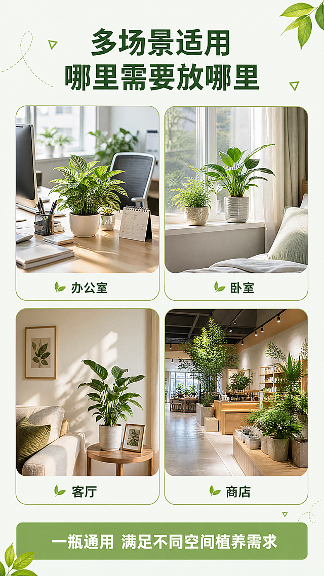 参考「图片1」风格，用「图片1」，生成1套详情页，痛点主题:1、颜值高 2、香味 3、不招蚊虫 4、使用场景：办公室、客厅、卧室、商场商店 5、人群：宝妈、家里有儿童 6、装根叶绿，首屏展示产品，后面分屏尽量不要展示产品，多展示产品的使用效果，植物营养液液体质感，痛点等画面，植物使用后的效果，多一些文字排版设计，多一些文字装饰元素，比如：打勾、虚线、线条、曲线、三角形、爱心、环保标志，叶片，营养液气泡等元素。文案可以中英文结合，文字设计感强烈，不要改变产品的外观