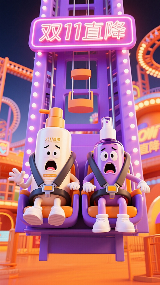 一大瓶拟人化乳液和一大瓶拟人化精华水坐在跳楼机的双人座椅上（有安全带），尖叫的表情，跳楼机顶部写着发光字体“双11直降”。背景是霓虹发光的游乐场，高饱和色调。海报主色调为橘色和紫色。