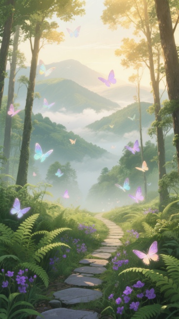 动漫风格插画，清晨薄雾笼罩的山水风光，前景是茂密的绿色蕨类植物和紫色野花，中景是蜿蜒的石板小径通向远方，两侧是高大挺拔的树木，枝叶间透出柔和的金色晨光，背景是层峦叠嶂的青山和朦胧的云海，无数半透明的彩色蝴蝶在林间飞舞，翅膀散发着淡淡的荧光，整体色调以清新的翠绿、淡雅的紫色和温暖的金色为主，营造出宁静、神秘而充满生机的氛围，画面光线柔和，色彩过渡自然，细节丰富，具有明显的景深效果和梦幻般的视觉感受。预览效果