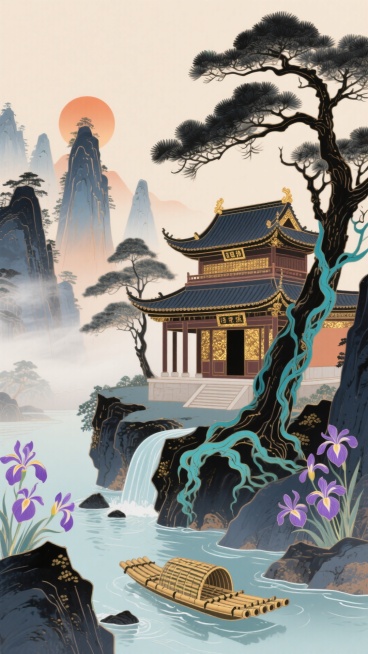 一幅水墨风格的山水画，画面中心是中式古寺，周围点缀着苍劲的黑松和紫色的鸢尾花；青色藤蔓缠绕寺旁古树，远处是张家界奇峰，朝阳跃升于峰峦之间，溪流从山石缝隙潺潺流淌，薄雾轻笼山间，竹筏在溪流上悠悠飘荡；整预览效果