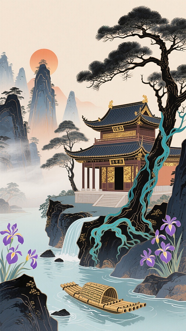 水墨风与工笔细腻结合，古典中式建筑隐于山水之间，鎏金细节点缀静谧意境，紫鸢尾花与竹筏呼应自然诗意，插画风格营造唯美感与文艺气息。