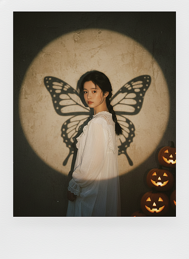 一束光射过来，主体的投影在墙壁上，投影是主体的外轮廓，加展开的蝴蝶翅膀元素在投影上，主体旁边加点南瓜灯装饰，拍立得拍摄效果