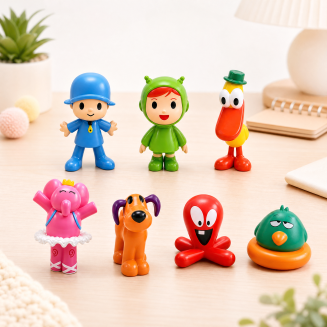 《POCOYO》7个小手办摆放在可爱温馨的桌面场景中，电商商品展示风格，整体画面干净明亮，比例1:1预览效果