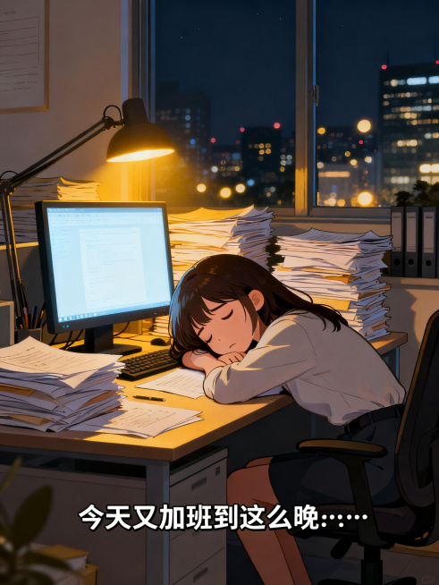 治愈系漫画，职场女孩趴在办公桌上，周围堆满文件，电脑亮着，窗外夜晚，女孩带着疲惫表情，整体采用柔和色彩，小红书插画风格，画面下方配有文字"今天又加班到这么晚……"预览效果