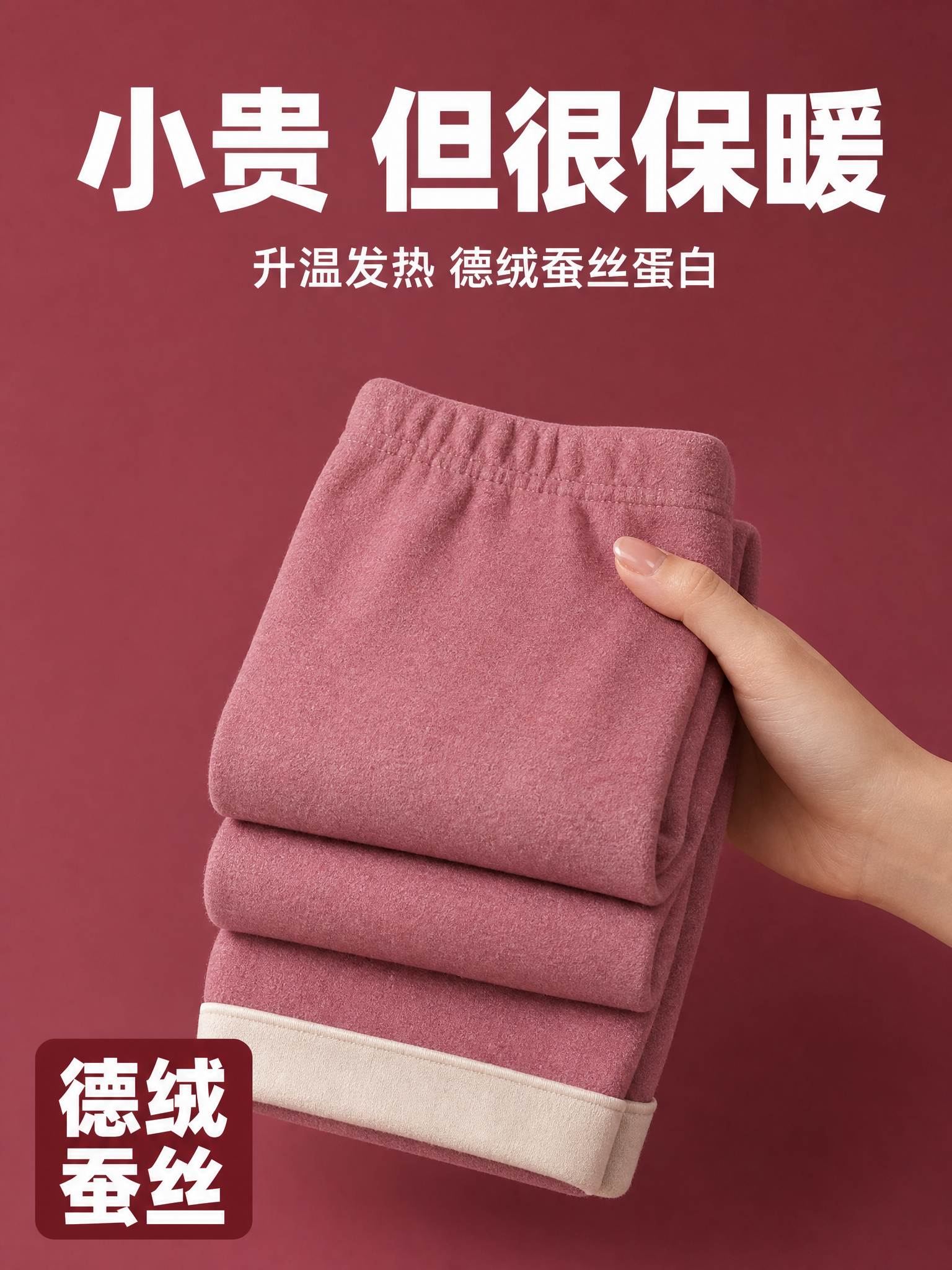 [单张主图] 豆沙粉色德绒蚕丝保暖裤 爆款促销感主图，参照参考… - 图片创意预览