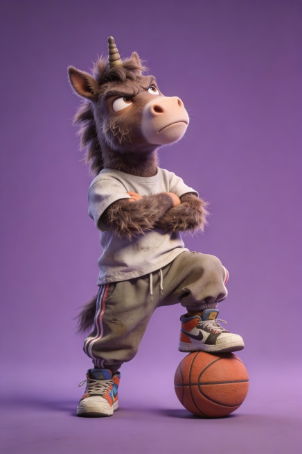 3D，极致细节，大师作品，超高清，动态，治愈，搞笑，一只超萌的贱马作妖仔，全身毛茸茸的。穿着随意的嘻哈短袖，宽松的运动裤，个性板鞋，一只脚下踩着一个篮球，纯紫色背景，抬头仰望，歪头生气，双臂环抱，生成预览效果